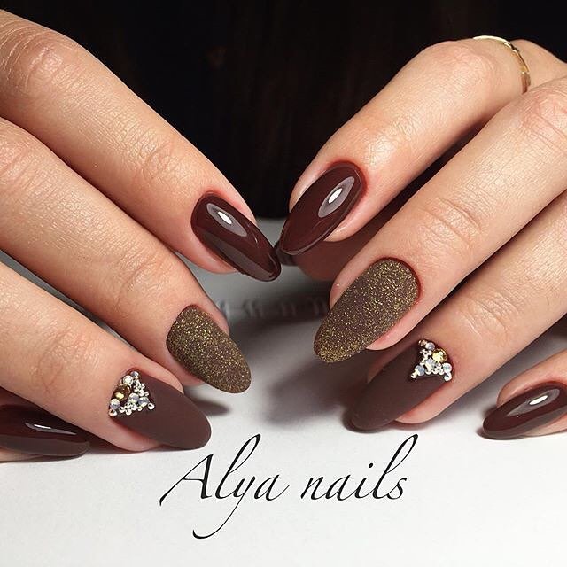 chocolate nails matte chocolate sparkly rhinestone nail instagram taken by alya nails