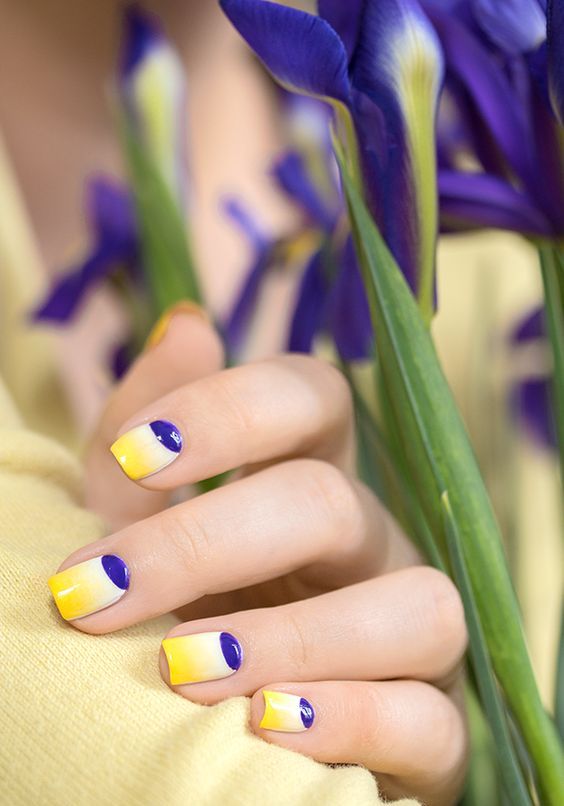 pink nails blue half moon with yellow white ombre pulse fashion