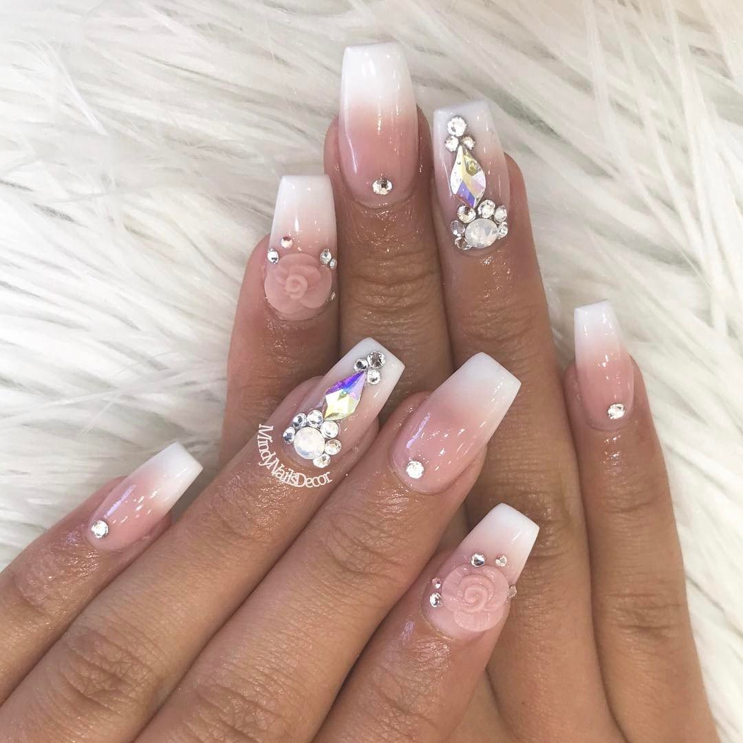 Ombre Coffin Nails With Glitter And Diamonds - different nail designs