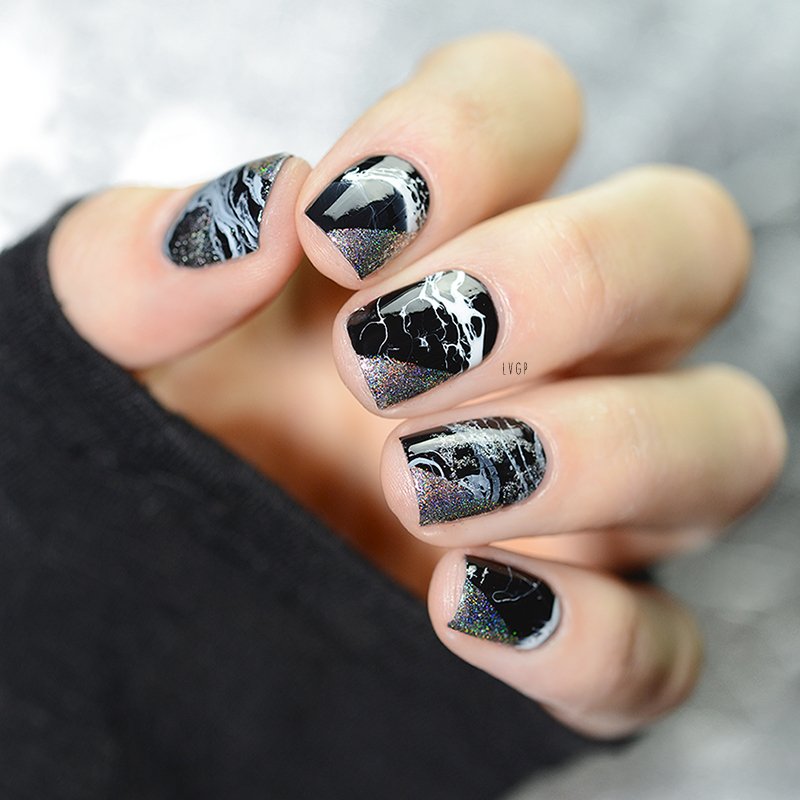marble nails black marble with holographic glitter photo.veganpower