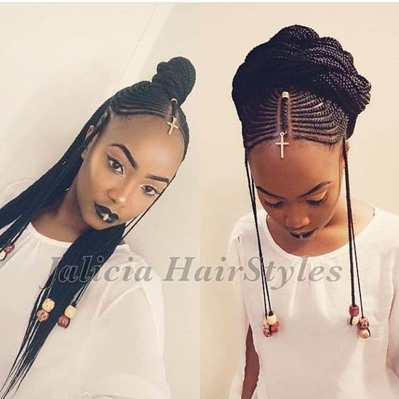 fulani in half up top knot and braided bun
