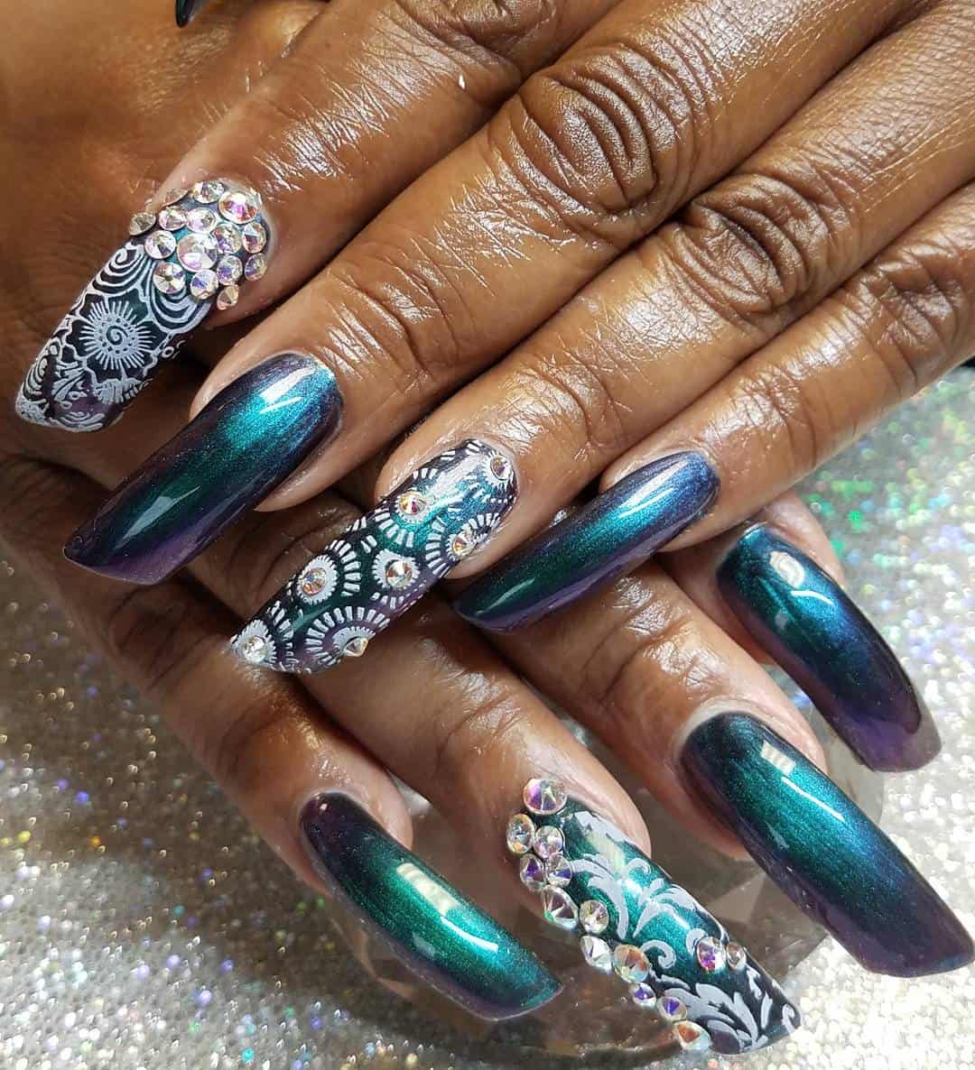 metalic blue with wildflower nails