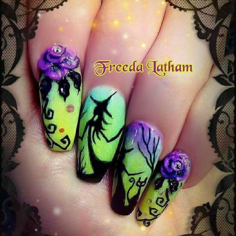 Halloween nails acrylic withes flowers and shadows BYyz05EAca1