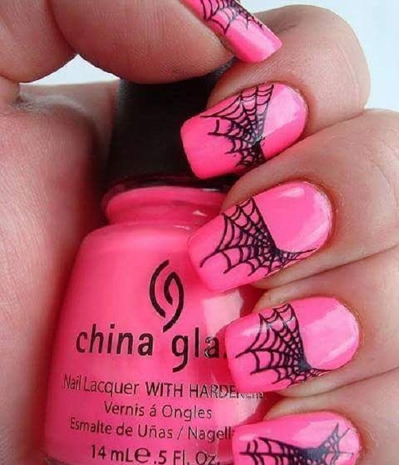 Halloween nails prety pink spiderwebs BL7EkabjKmW