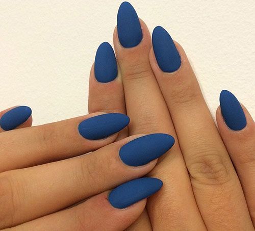 blue matte almond shaped nails