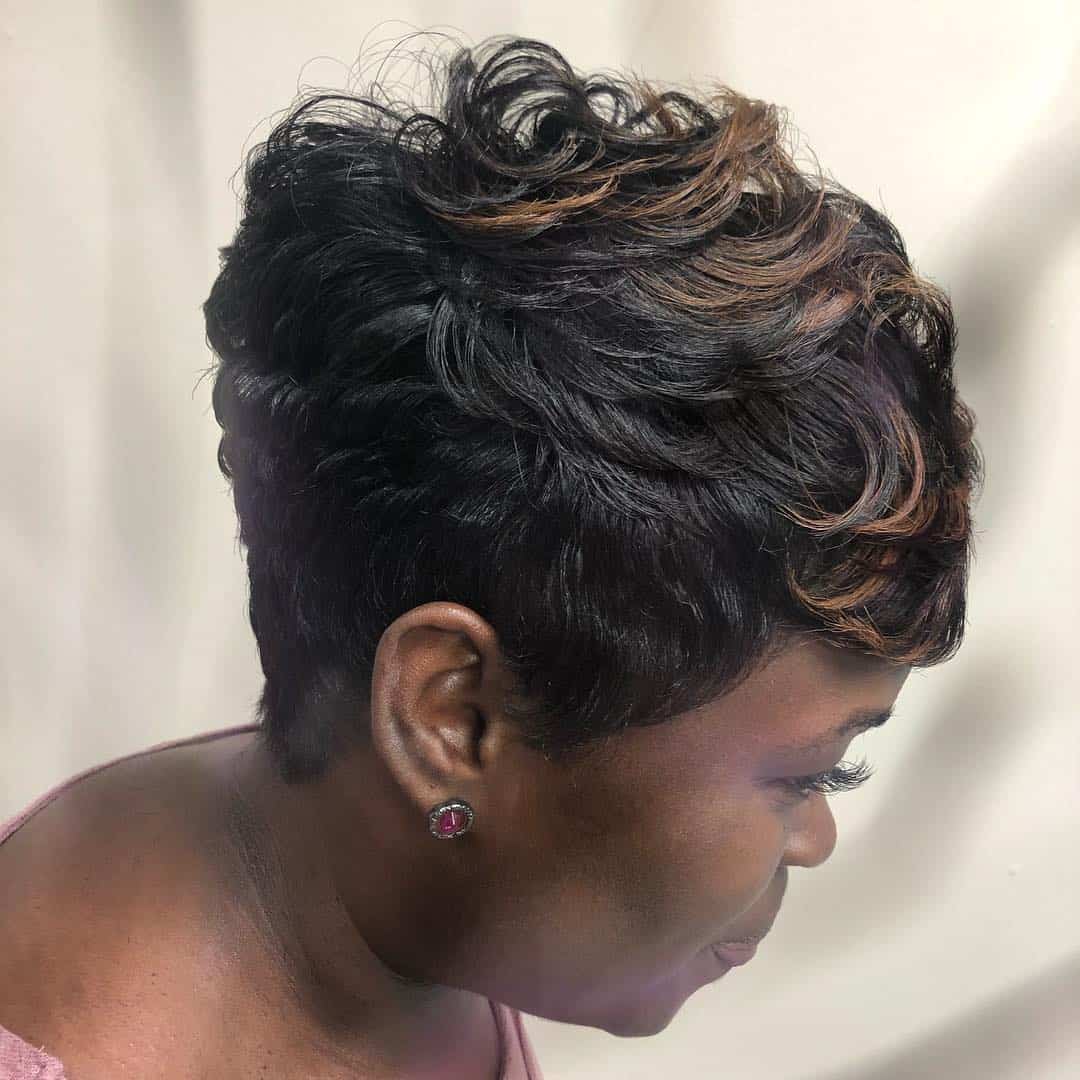 Black Pixie With Touch Of Caramel Highlights