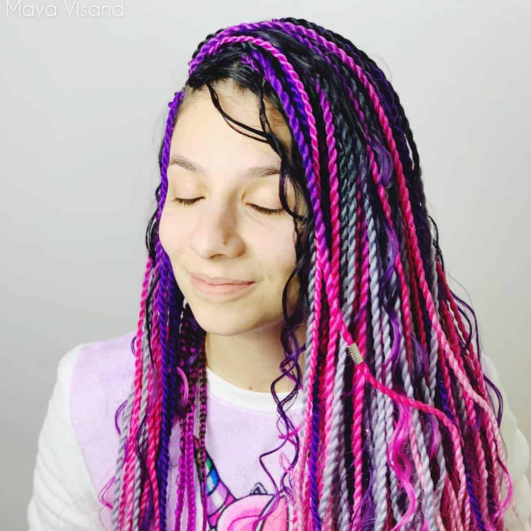 Pink, Purple And Silver Twisted Micro Braids