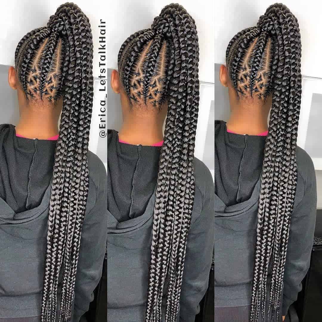 Chunky Cornrows With Triangle Partings On Long Box Braids