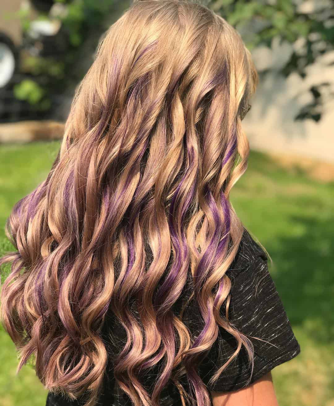 Dark Violet Peekaboo Highlights On Honey Blonde