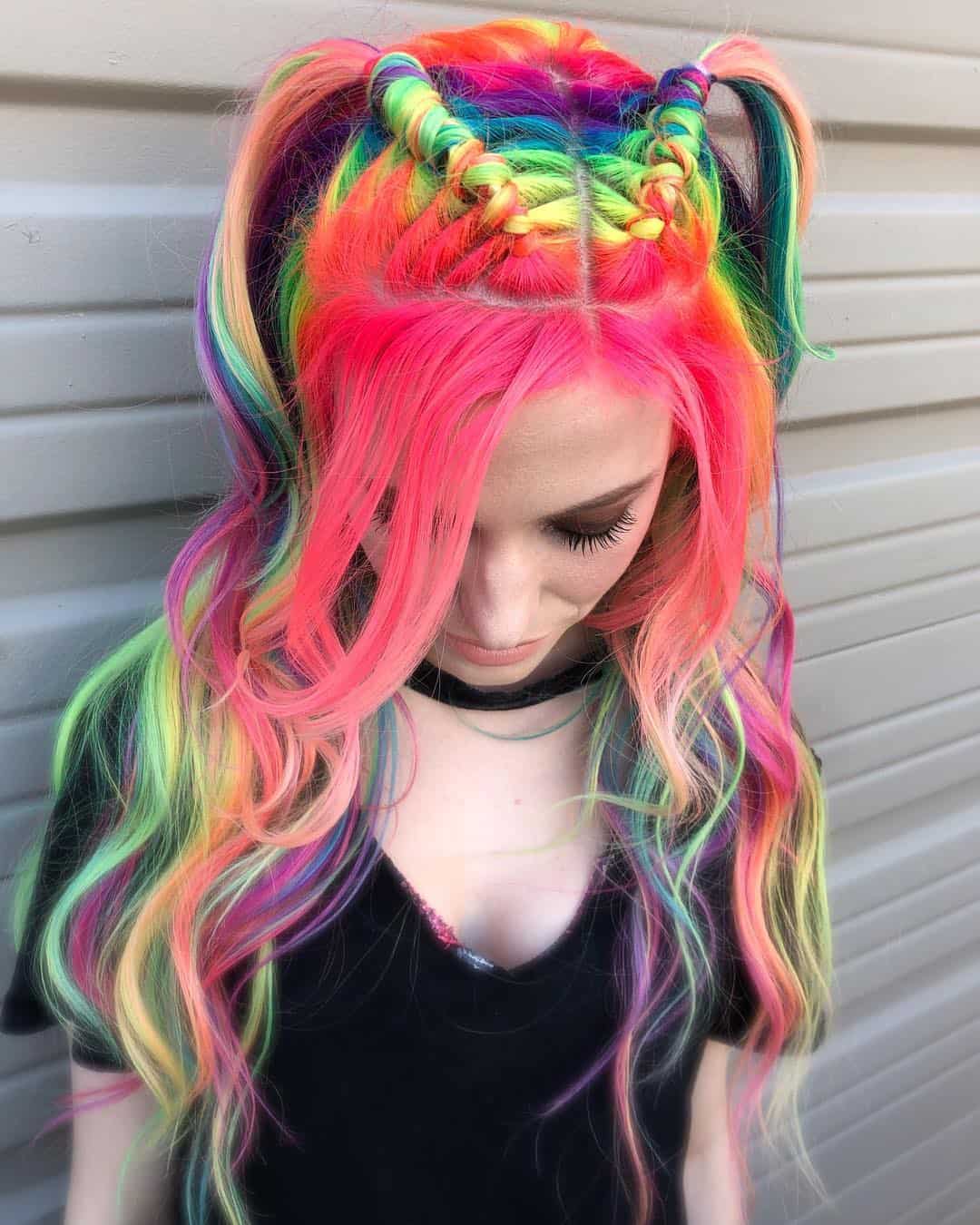 Two Top Short Pipe Braids On Loose Rainbow Hair