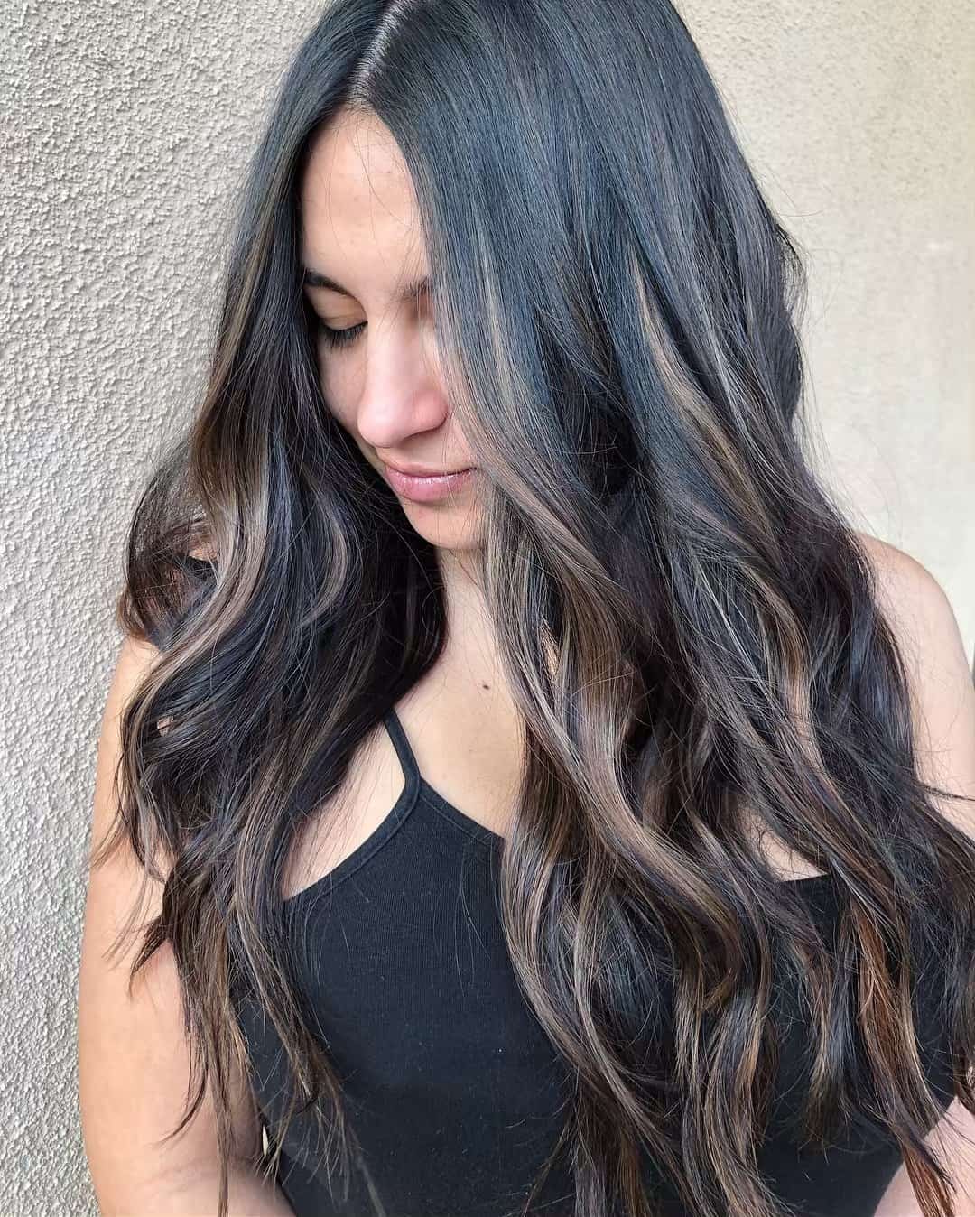 Long Wavy Black With Warm Caramel Balayage