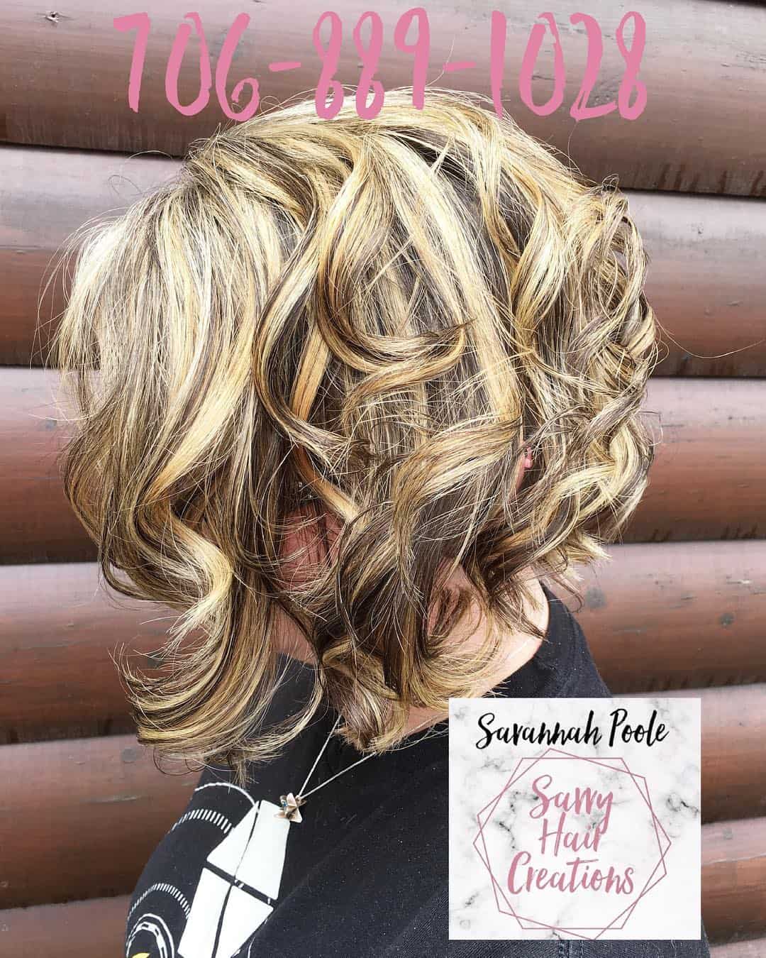 A-Line Asymmetrical Bob On Blonde Curly Hair With Dark Highlights