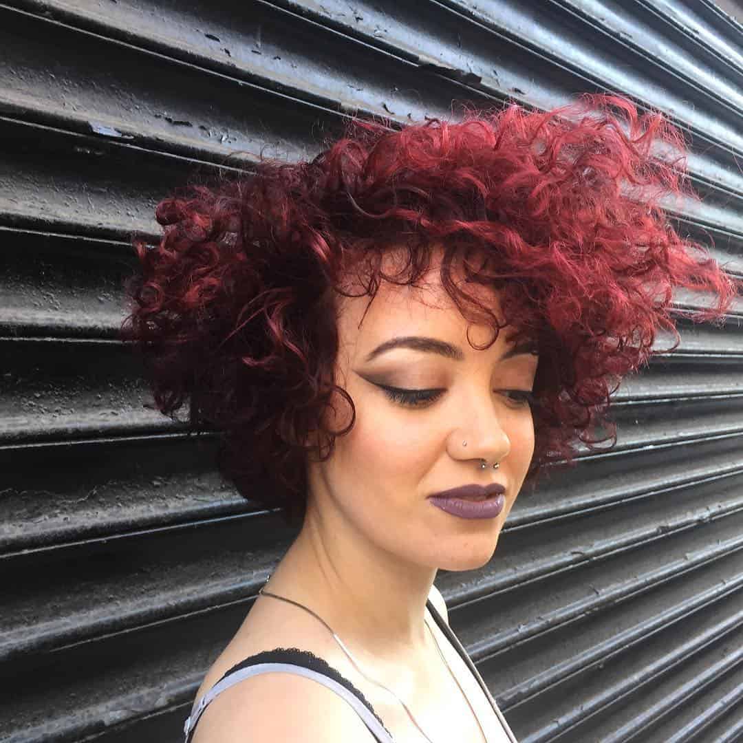 Dark Red Curly Asymmetrical Bob