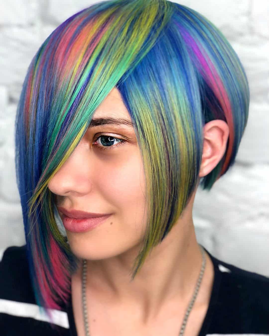 Short Asymmetrical Bob In Rainbow Hair