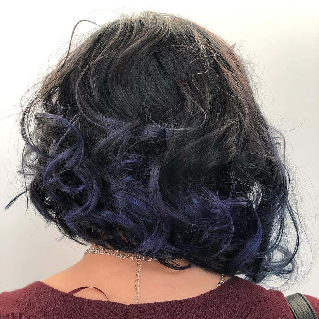 Slanted Curled Bob With Dark Blue Ombre