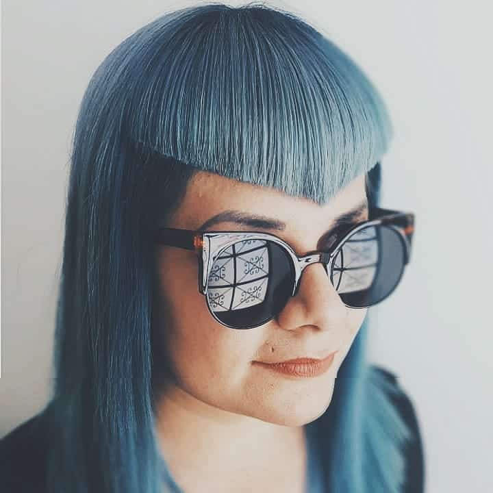 Straight Blue Hair With Sectioned V-shaped Bangs