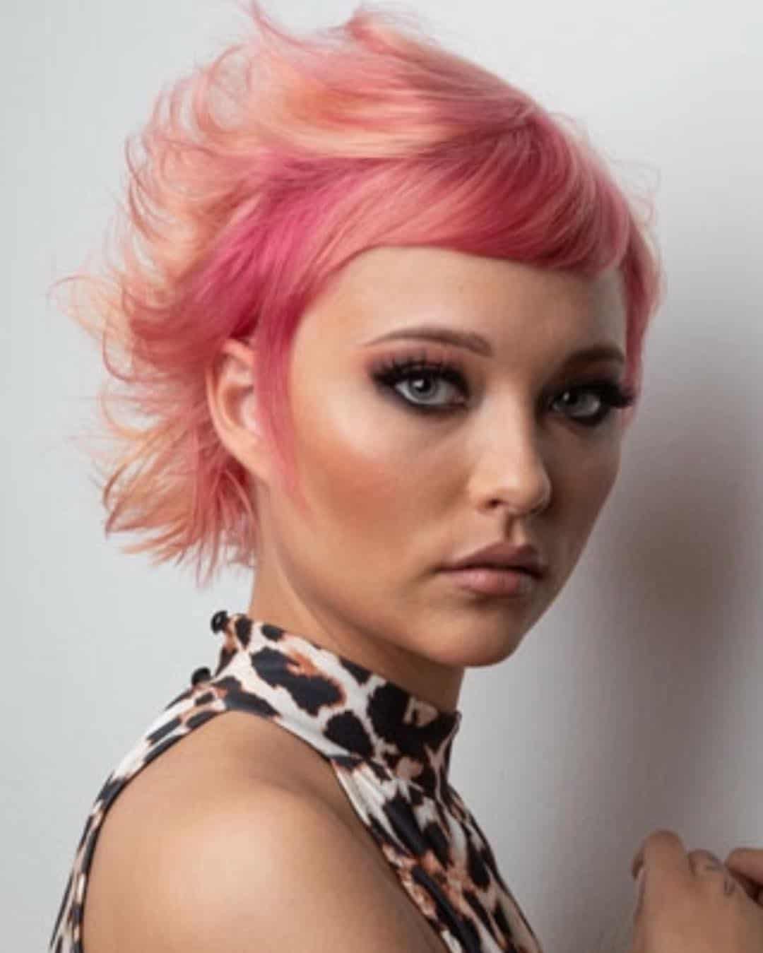 Coral Shaggy Pixie With Side Swept Micro Bangs