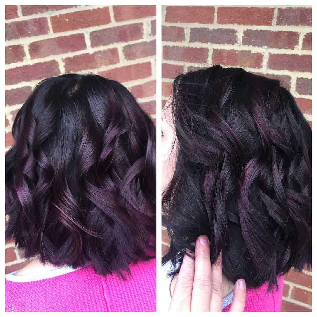 Dark Purple Balayage On Curled Bob