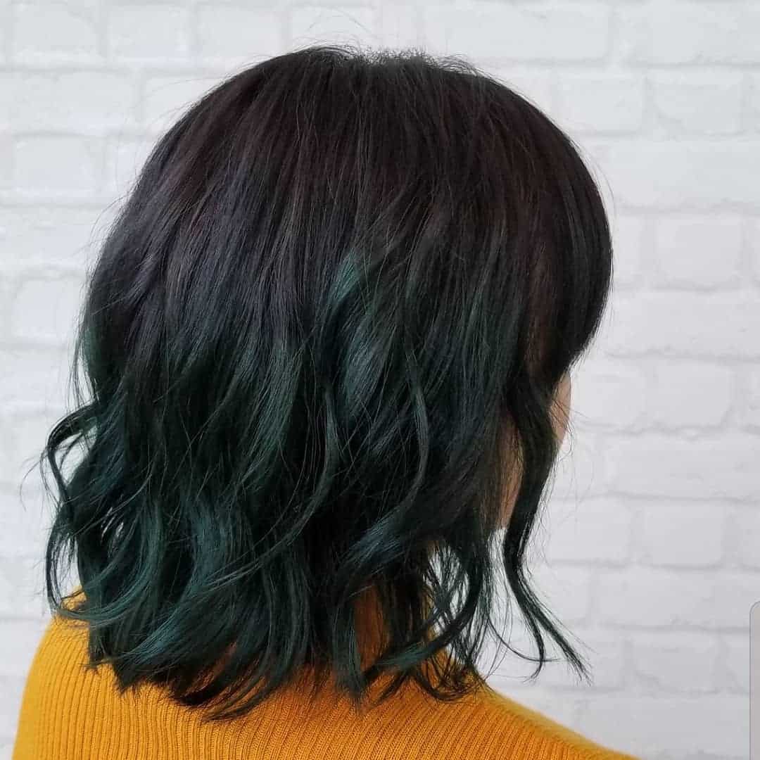 Short Black Waves With Green Balayage