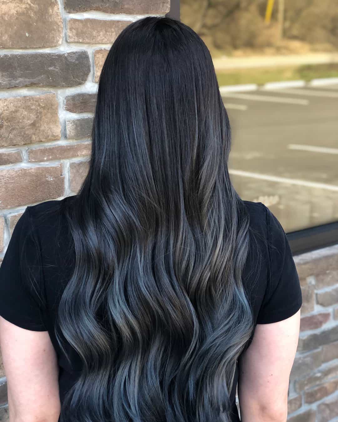 Long Black With Soft Gray Balayage