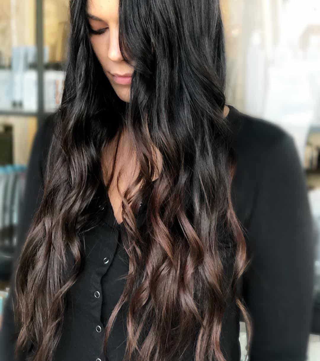 Long Black Hair With Chocolate Balayaged Ends
