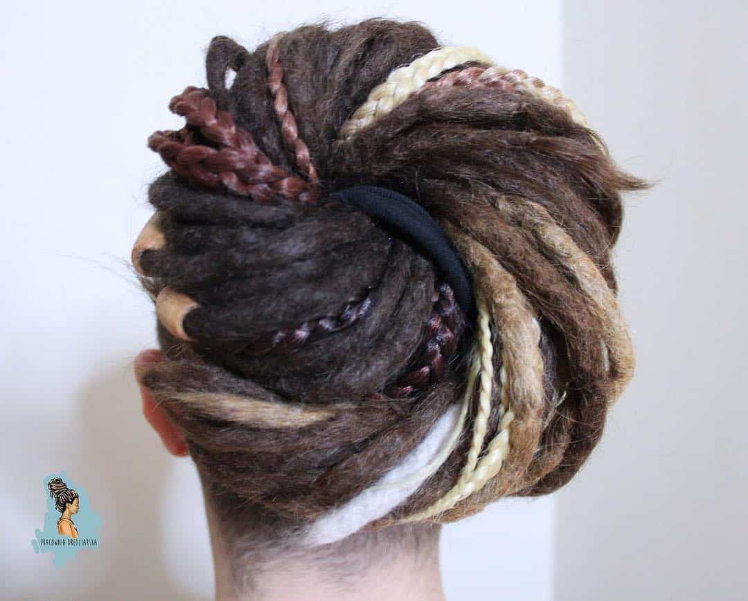 Pinwheel Bun Of Brown And Blonde Dreadlocks And Burgundy Braids