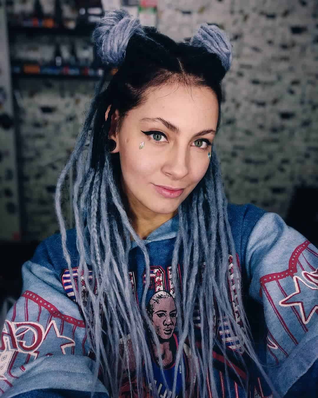 Space Bun Dreadlocks WIth Silver Balayage