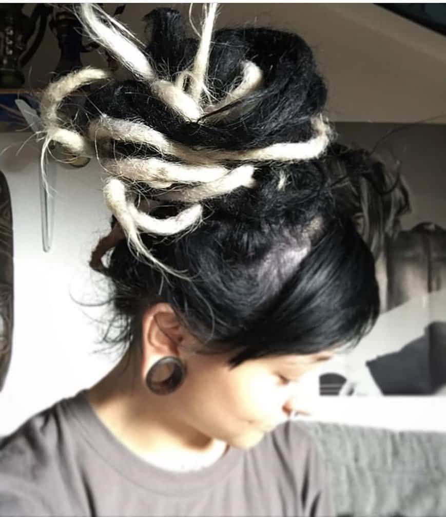 Black And White Dreadlocks In Top Twisted Bun