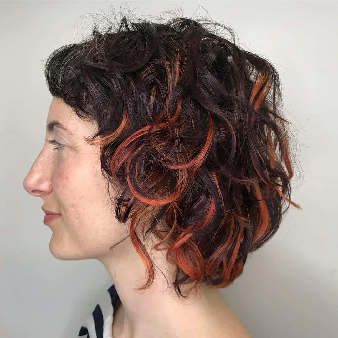 Copper Red Peekaboo Highlights ON Short Curly Dark Hair