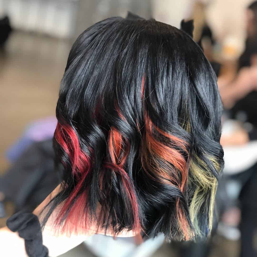 Rainbow Peekaboo Highlights On Black Curled Hair