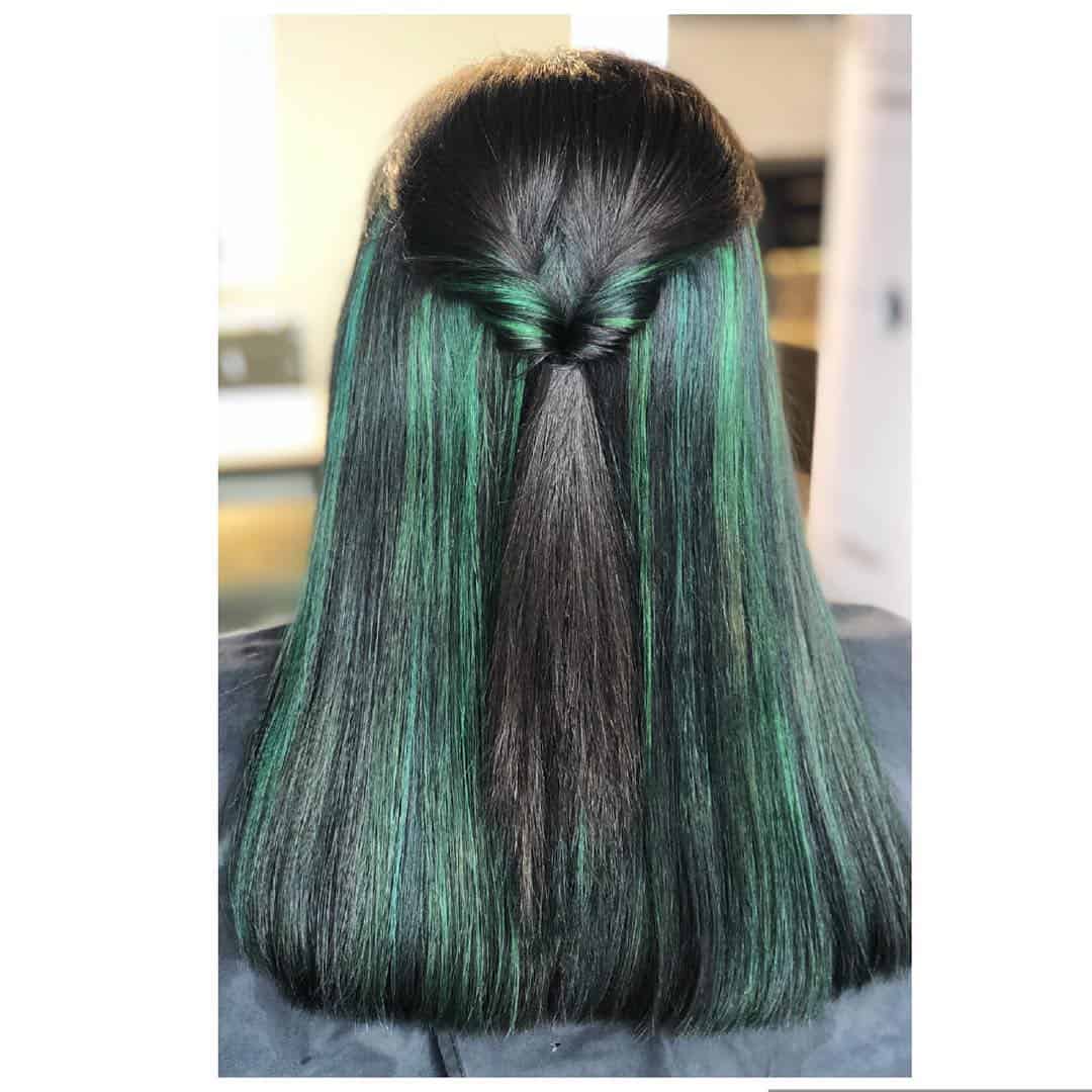 Aqua Green Peekaboo Highlights On Black Hair