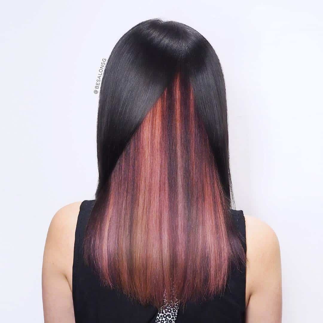 Coral And Pink Peekaboo Highlights On Straight Black Hair