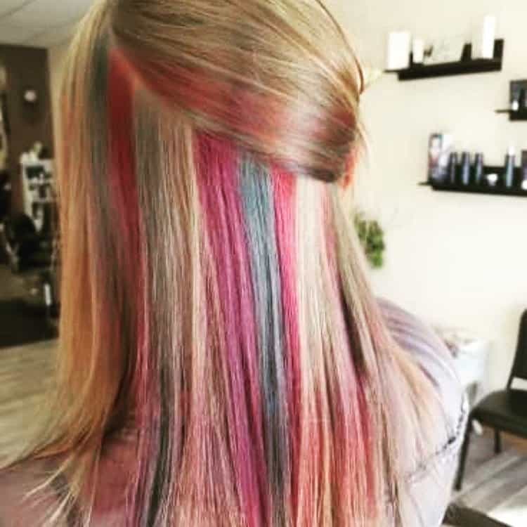 Pink And Blue Peekaboo Highlights On Honey Blonde