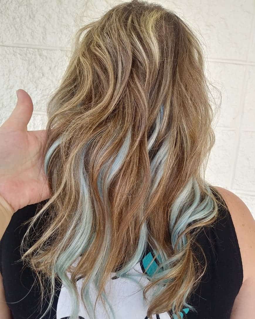 Sky Blue Peekaboo Highlights On Balayaged Blonde