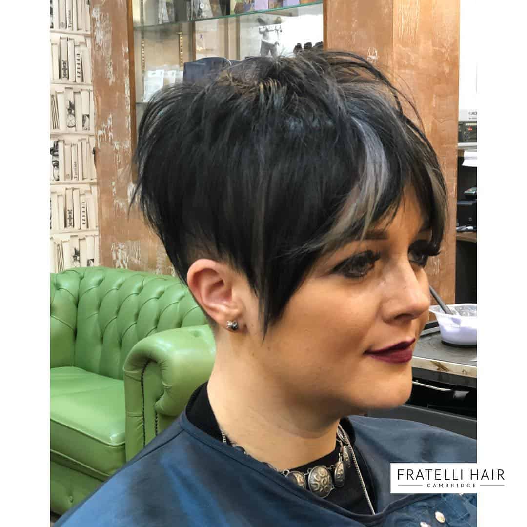 Uneven Black Pixie With Modern Undercut And White Streaks